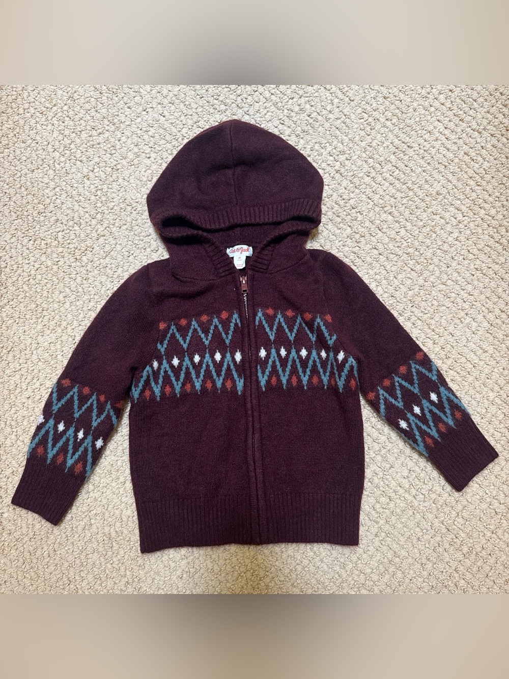Cat & Jack Hooded Zip Sweater in Burgundy with Blue and White Fair Isle size 3